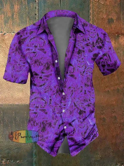 Men’s Flame Skull Print Casual Short Sleeved Shirt Short Sleeved Shirt Purple / S