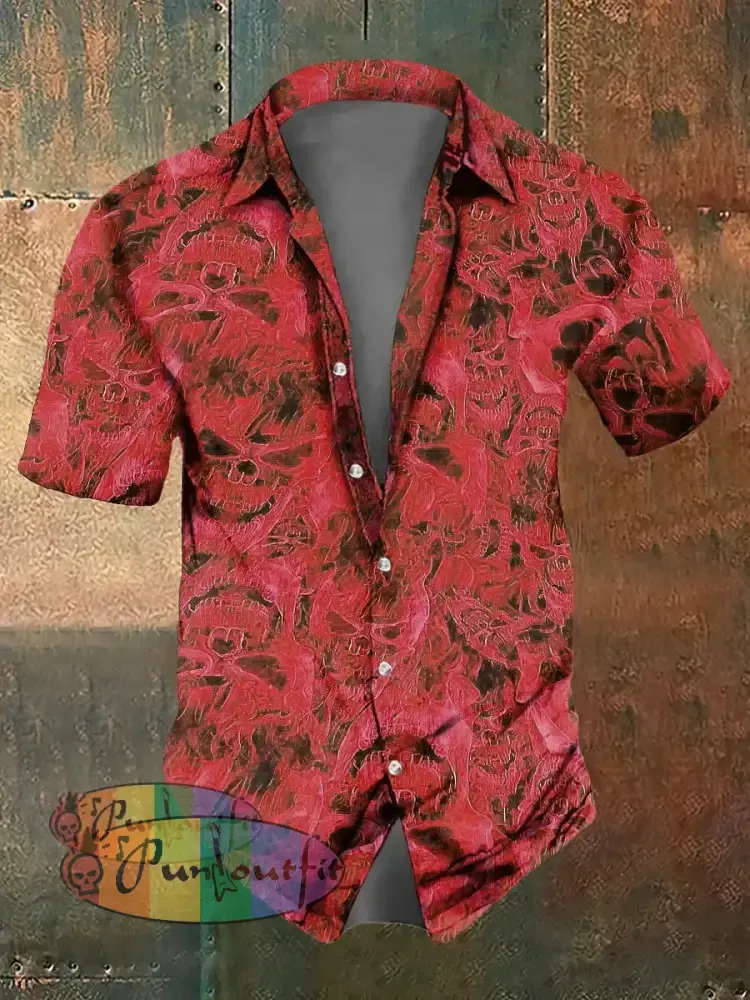 Men’s Flame Skull Print Casual Short Sleeved Shirt Short Sleeved Shirt Red / S