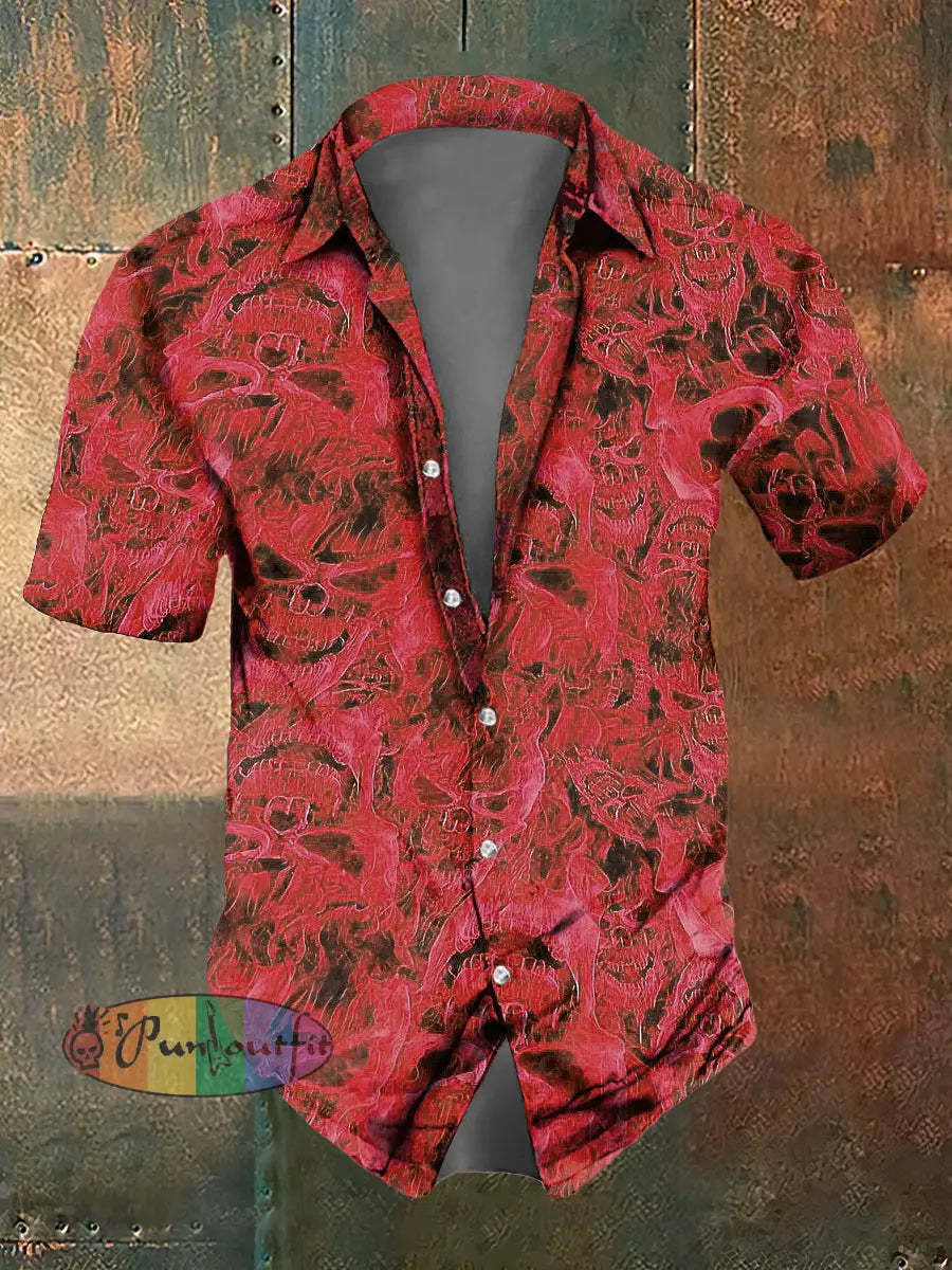 Men’s Flame Skull Print Casual Short Sleeved Shirt Short Sleeved Shirt Red / S