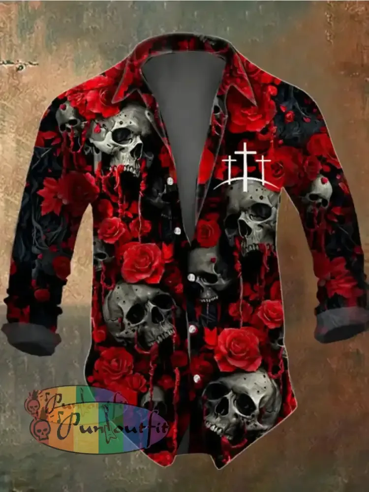 Men’s Floral Skull Print Long Sleeve Shirt Multicolor / S