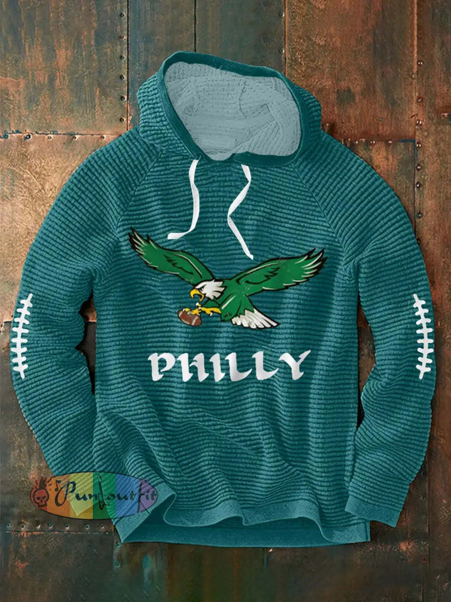 Men’s Football Fans Lovers Gameday Casual Waffle Hoodie Blue-Green / S