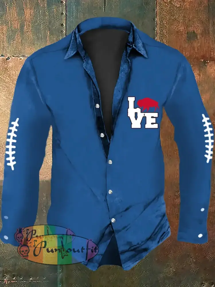 Men’s Football Lover Buffalo Print Casual Long Sleeve Shirt Blue / S