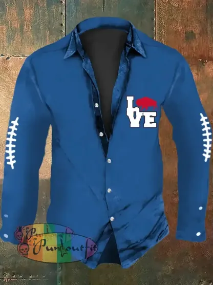 Men’s Football Lover Buffalo Print Casual Long Sleeve Shirt Blue / S