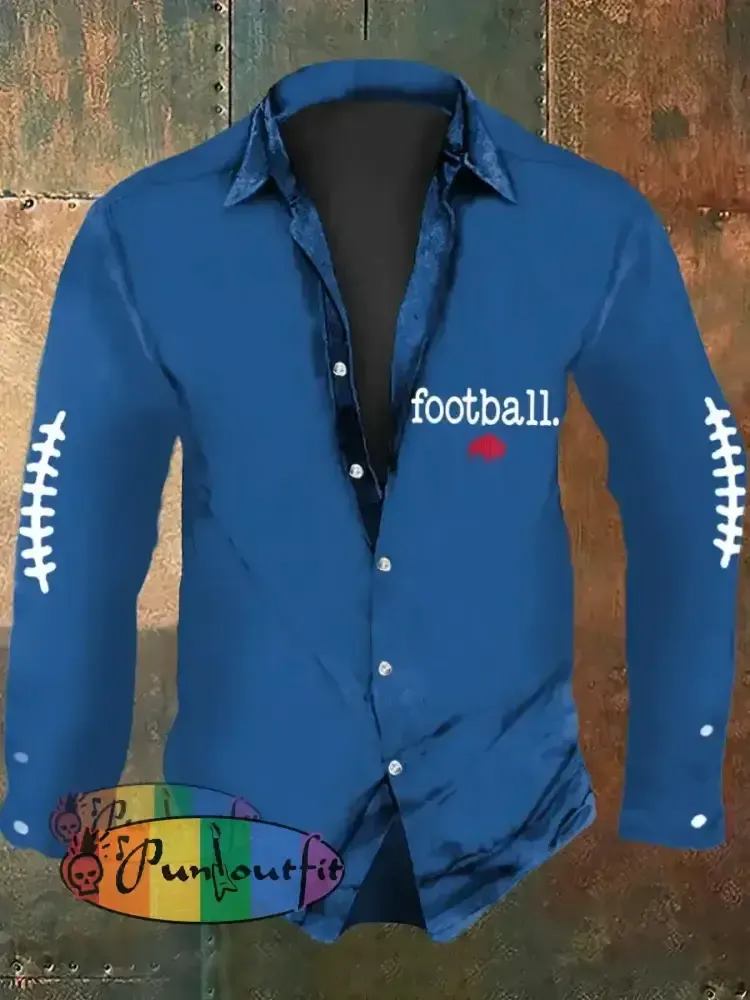 Men’s Football Lover Buffalo Print Casual Long Sleeve Shirt Blue / S