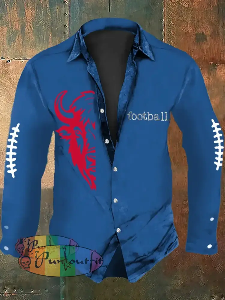 Men’s Football Lover Buffalo Print Casual Long Sleeve Shirt Blue / S