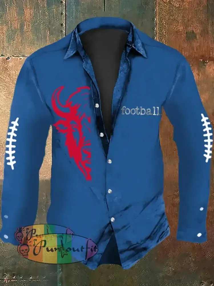 Men’s Football Lover Buffalo Print Casual Long Sleeve Shirt Blue / S
