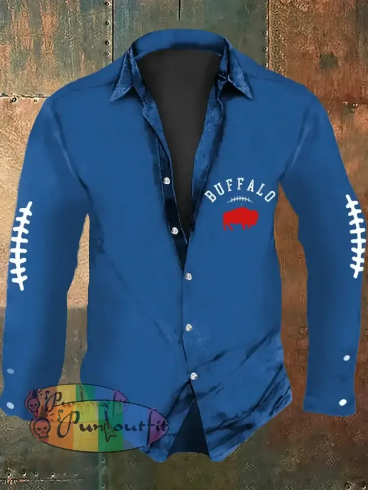 Men’s Football Lover Buffalo Print Casual Long Sleeve Shirt Blue / S
