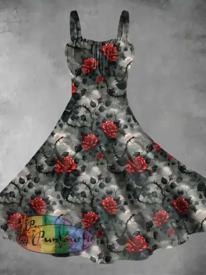 Men’s Gothic Dark Style Rose Flower Print Short-Sleeve Shirt Dress / S