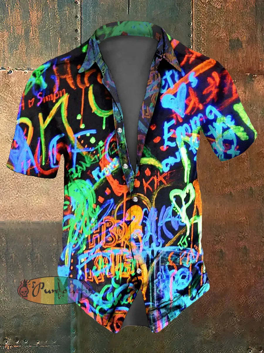 Men’s Gothic Graffiti Print Casual Short Sleeved Shirt Colorful / S