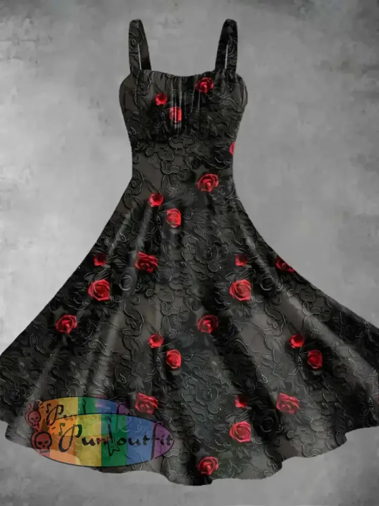 Men’s Gothic Rose Print Long Sleeve Shirt Dress / S
