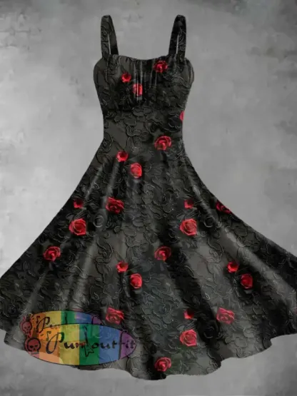 Men’s Gothic Rose Print Long Sleeve Shirt Dress / S