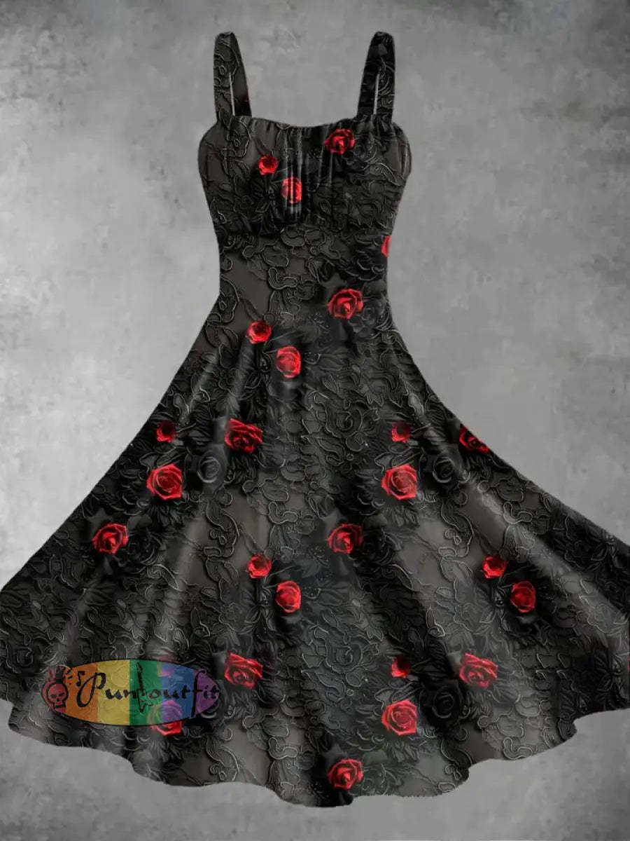 Men’s Gothic Rose Print Long Sleeve Shirt Dress / S