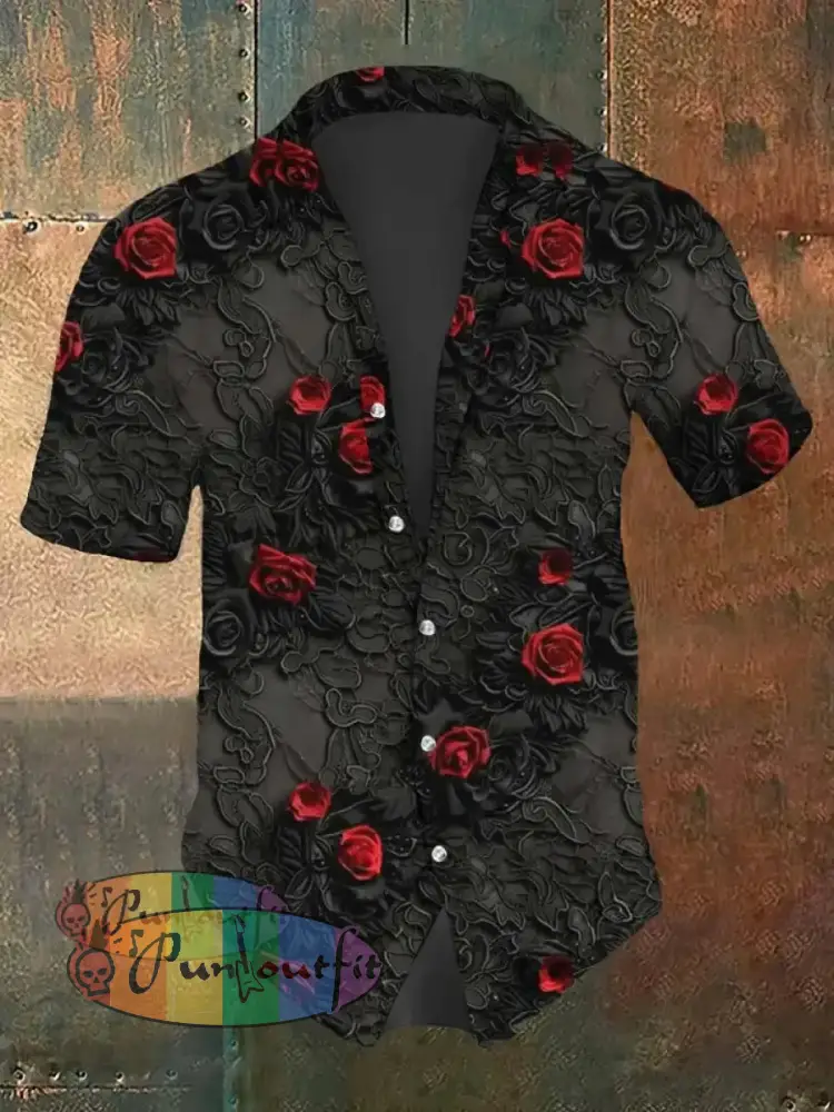 Men’s Gothic Rose Print Long Sleeve Shirt Short Sleeve Shirt / S