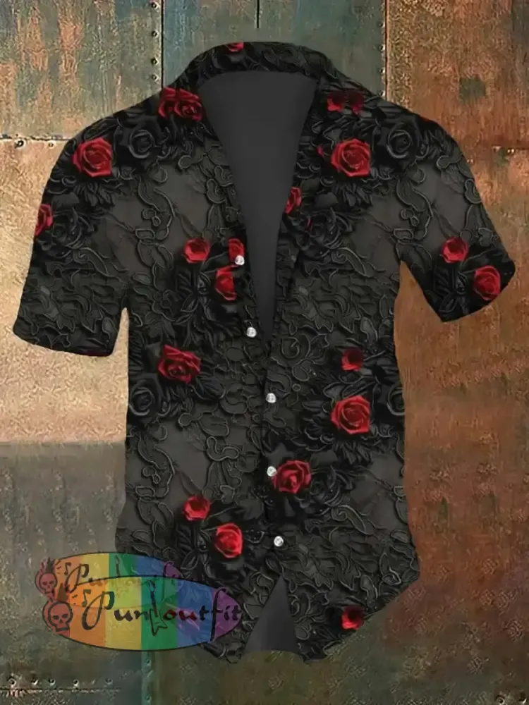 Men’s Gothic Rose Print Long Sleeve Shirt Short Sleeve Shirt / S