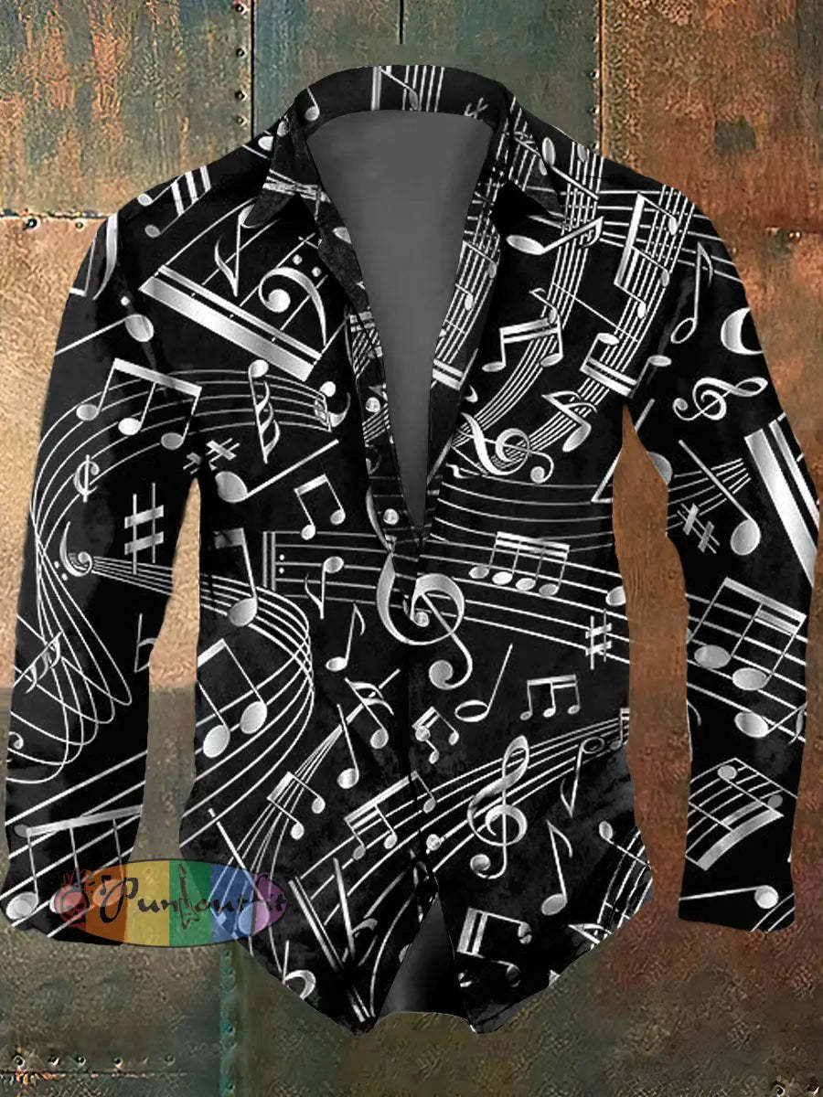 Men’s Music Note Print Casual Long Sleeved Shirt Black / S