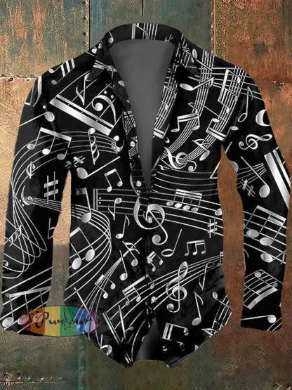 Men’s Music Note Print Casual Long Sleeved Shirt Black / S