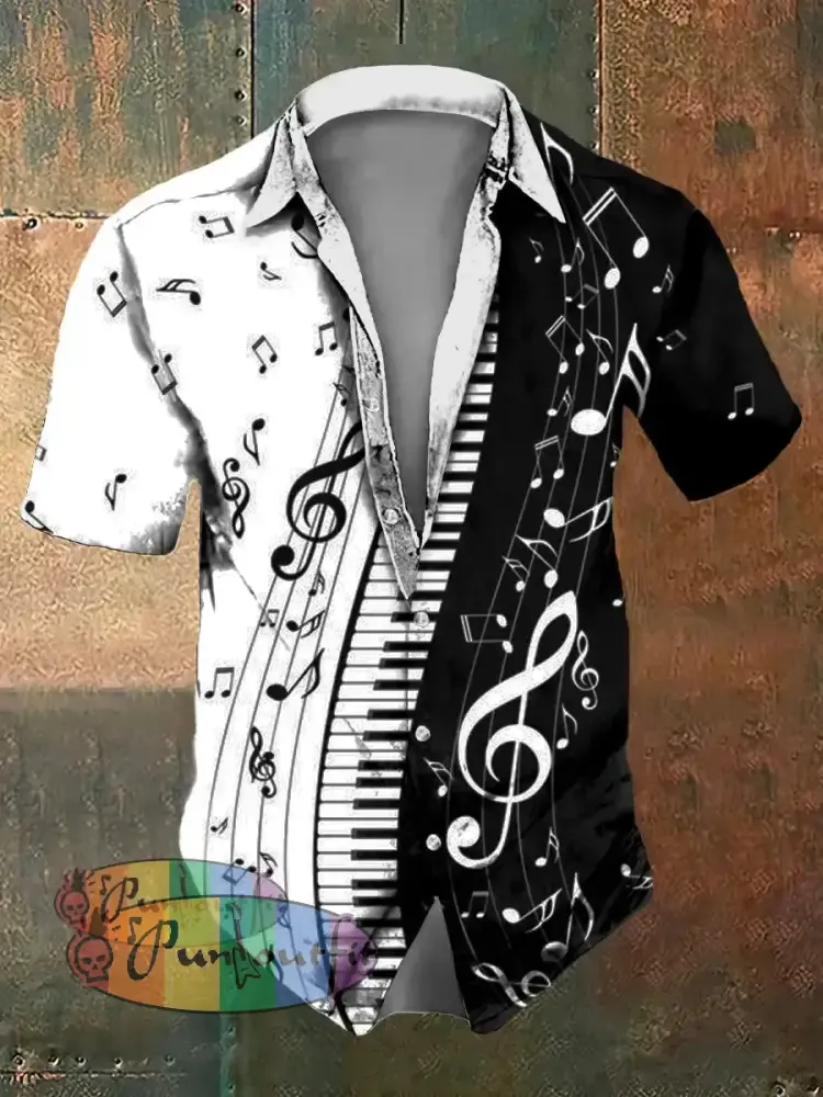 Men’s Music Note Print Casual Short Sleeved Shirt Black And White / S