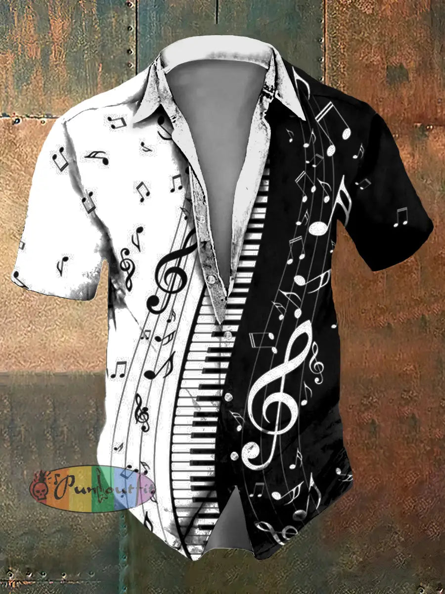 Men’s Music Note Print Casual Short Sleeved Shirt Black And White / S