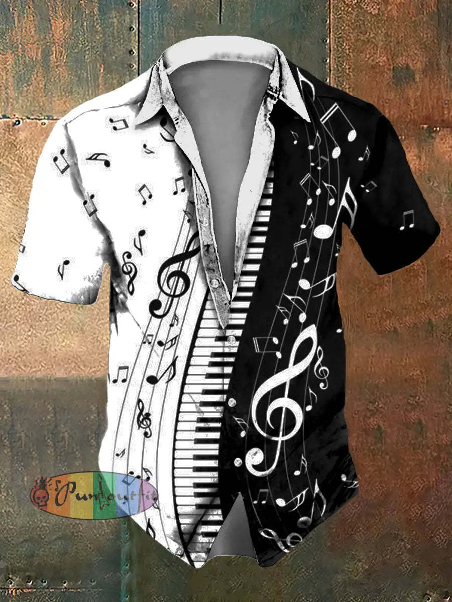 Men’s Music Note Print Casual Short Sleeved Shirt Black And White / S