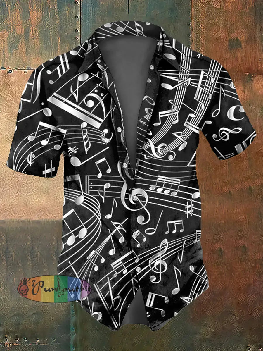 Men’s Music Note Print Casual Short Sleeved Shirt Black / S