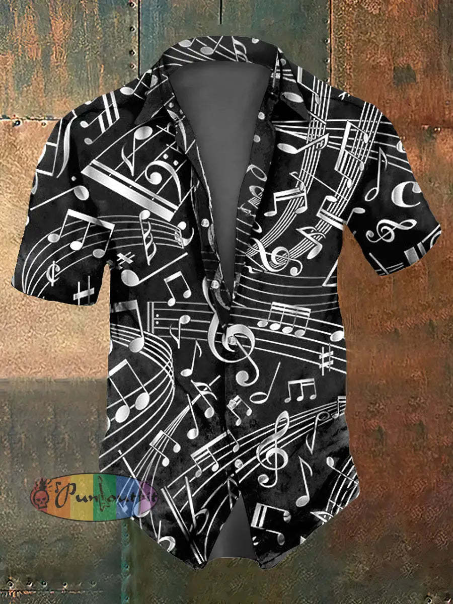 Men’s Music Note Print Casual Short Sleeved Shirt Black / S