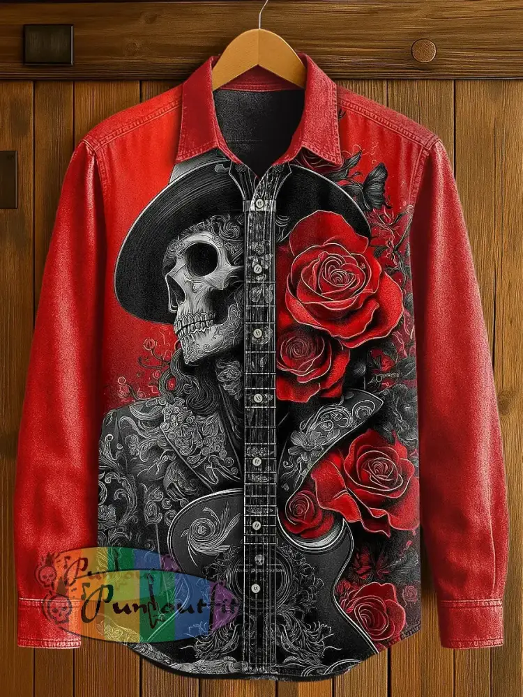 Men’s Music Skull Print Casual Long Sleeved Shirt Black Red / S