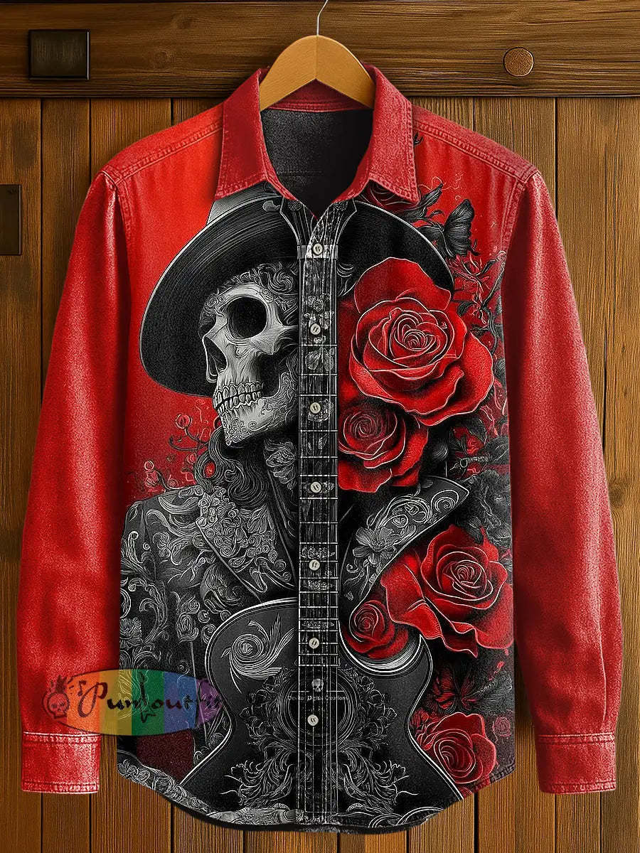 Men’s Music Skull Print Casual Long Sleeved Shirt Black Red / S
