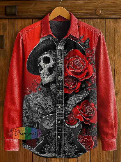 Men’s Music Skull Print Casual Long Sleeved Shirt Black Red / S