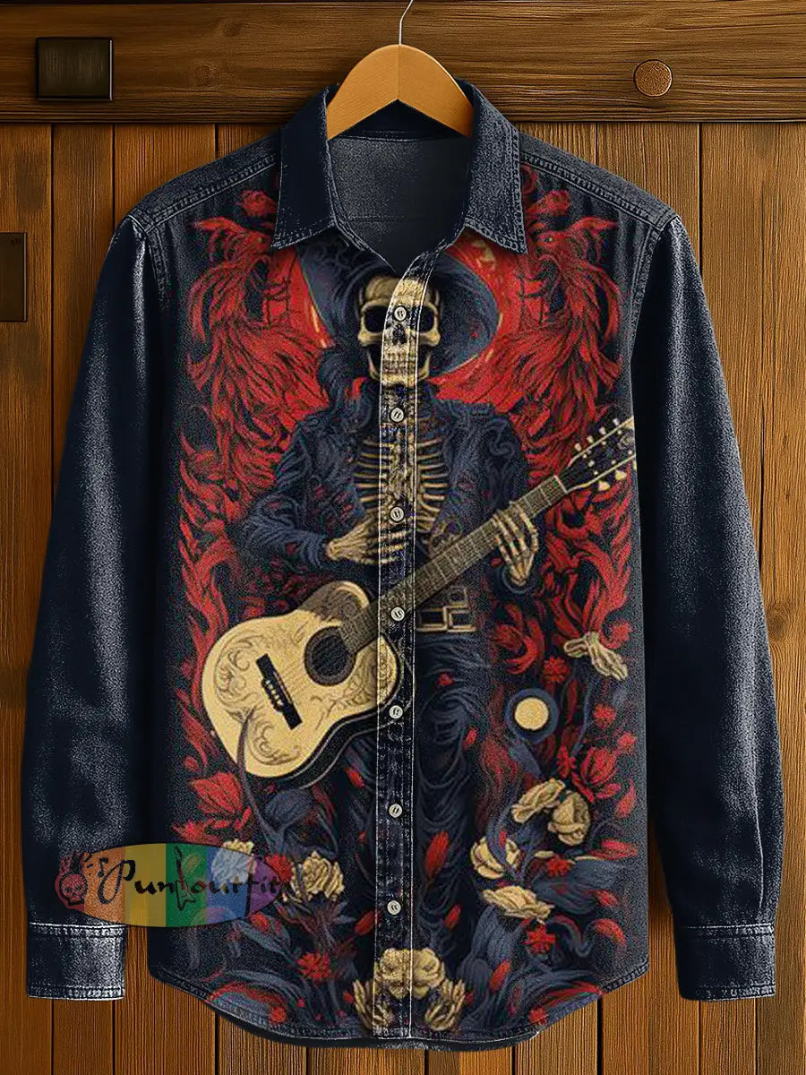 Men’s Music Skull Print Casual Long Sleeved Shirt Black Red / S