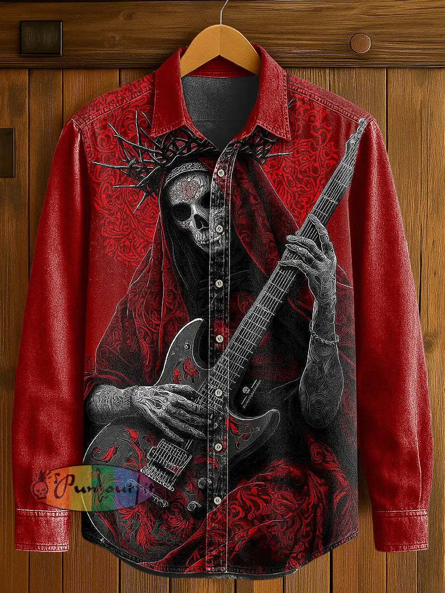 Men’s Music Skull Print Casual Long Sleeved Shirt Black Red / S