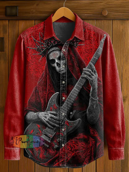 Men’s Music Skull Print Casual Long Sleeved Shirt Black Red / S