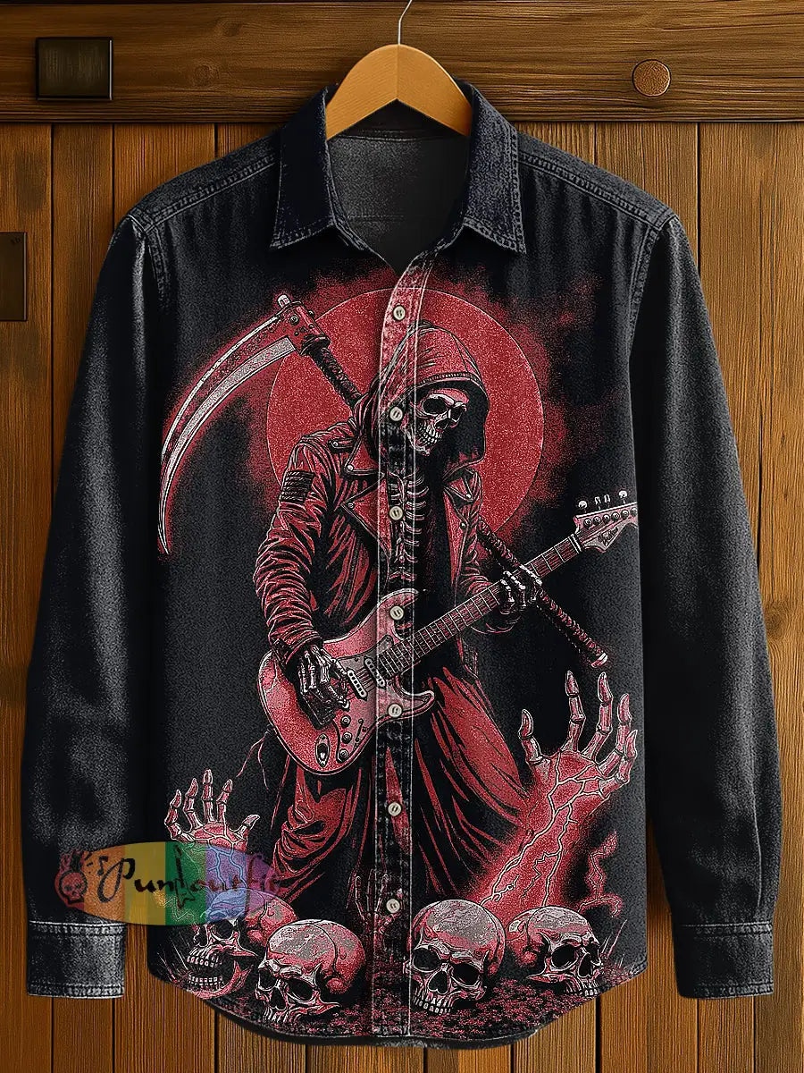 Men’s Music Skull Print Casual Long Sleeved Shirt Black Red / S