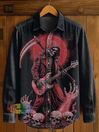 Men’s Music Skull Print Casual Long Sleeved Shirt Black Red / S