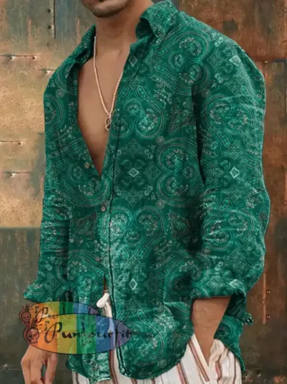 Men’s Outdoor Vintage Hippie Green Wreath Pattern Casual Cotton Long Sleeve Shirt Green / S