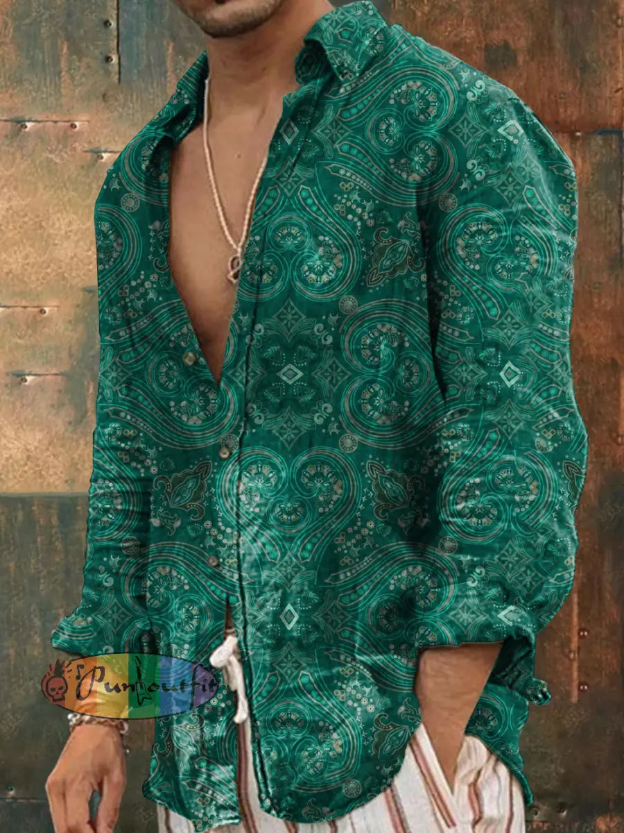 Men’s Outdoor Vintage Hippie Green Wreath Pattern Casual Cotton Long Sleeve Shirt Green / S