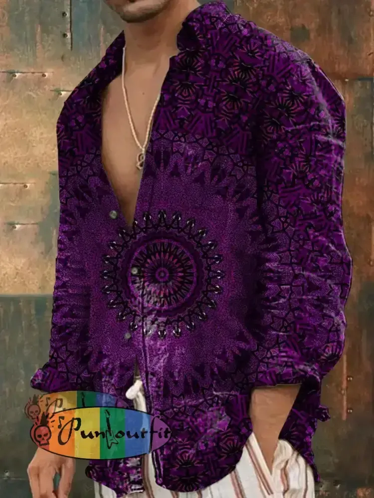 Men’s Outdoor Vintage Hippie Perris Mandala Pattern Casual Cotton Long Sleeve Shirt Purple / S