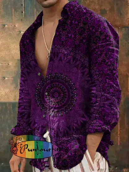 Men’s Outdoor Vintage Hippie Perris Mandala Pattern Casual Cotton Long Sleeve Shirt Purple / S