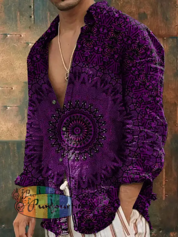 Men’s Outdoor Vintage Hippie Perris Mandala Pattern Casual Cotton Long Sleeve Shirt Purple / S