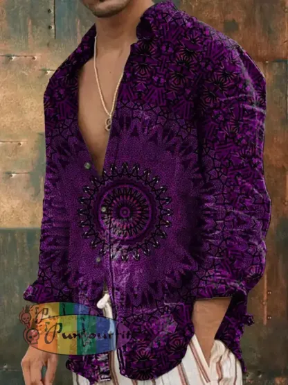 Men’s Outdoor Vintage Hippie Perris Mandala Pattern Casual Cotton Long Sleeve Shirt Purple / S