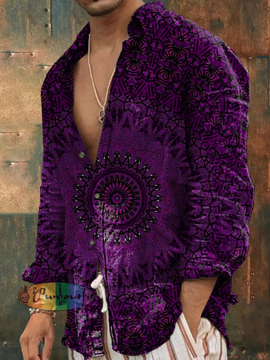 Men’s Outdoor Vintage Hippie Perris Mandala Pattern Casual Cotton Long Sleeve Shirt Purple / S