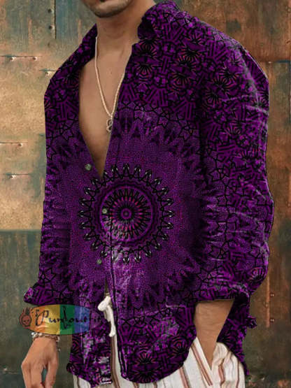 Men’s Outdoor Vintage Hippie Perris Mandala Pattern Casual Cotton Long Sleeve Shirt Purple / S