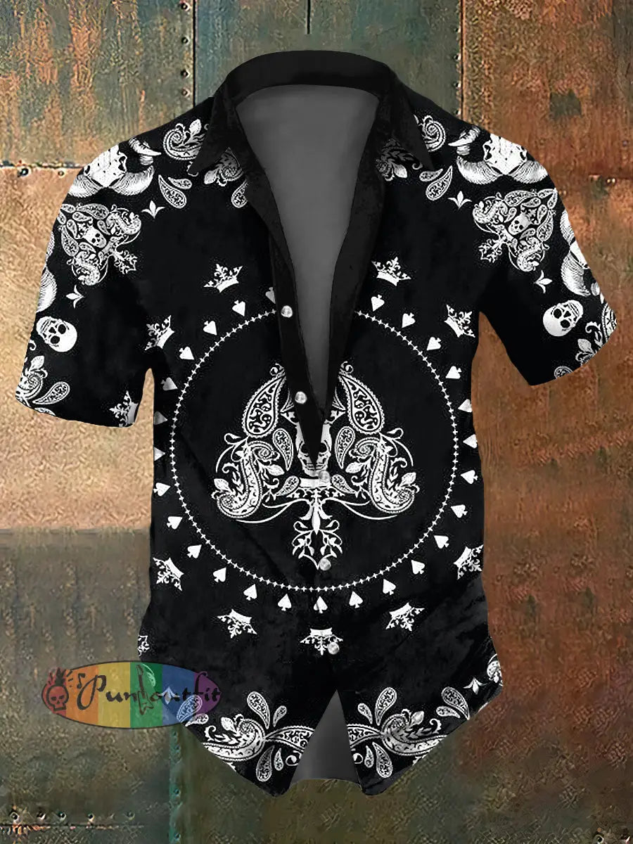 Men’s Paisley Skull Print Casual Short Sleeved Shirt Black / S