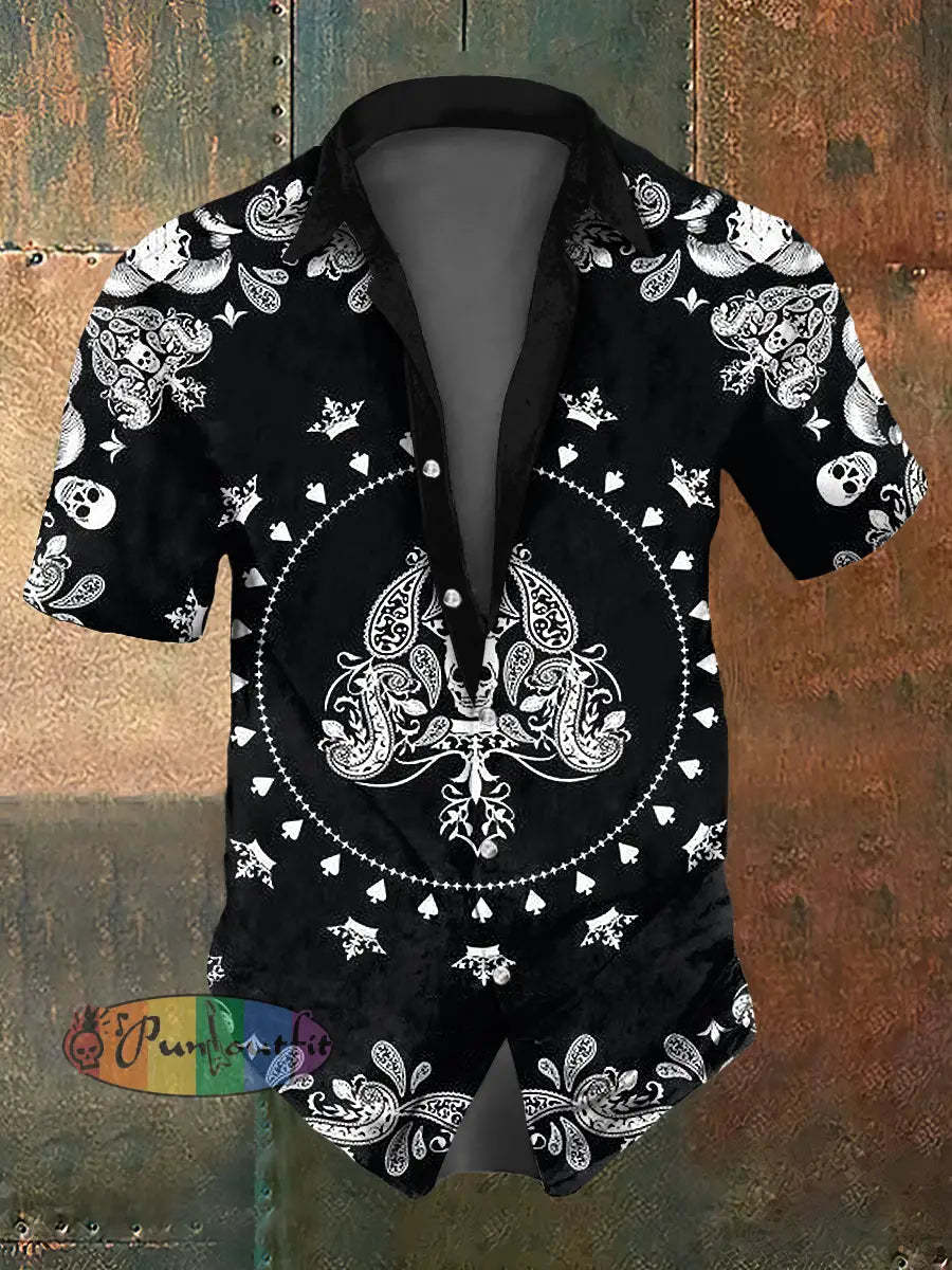 Men’s Paisley Skull Print Casual Short Sleeved Shirt Black / S