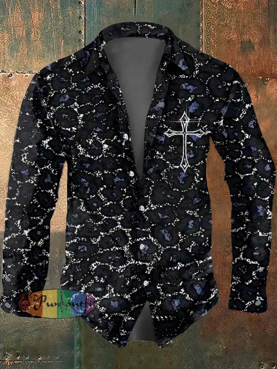 Men’s Psychedelic Cross Print Casual Long Sleeved Shirt Black / S