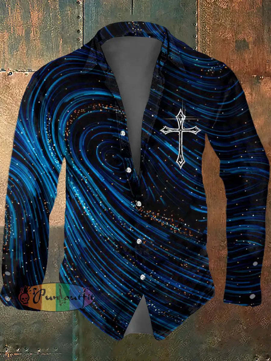 Men’s Psychedelic Cross Print Casual Long Sleeved Shirt Blue / S