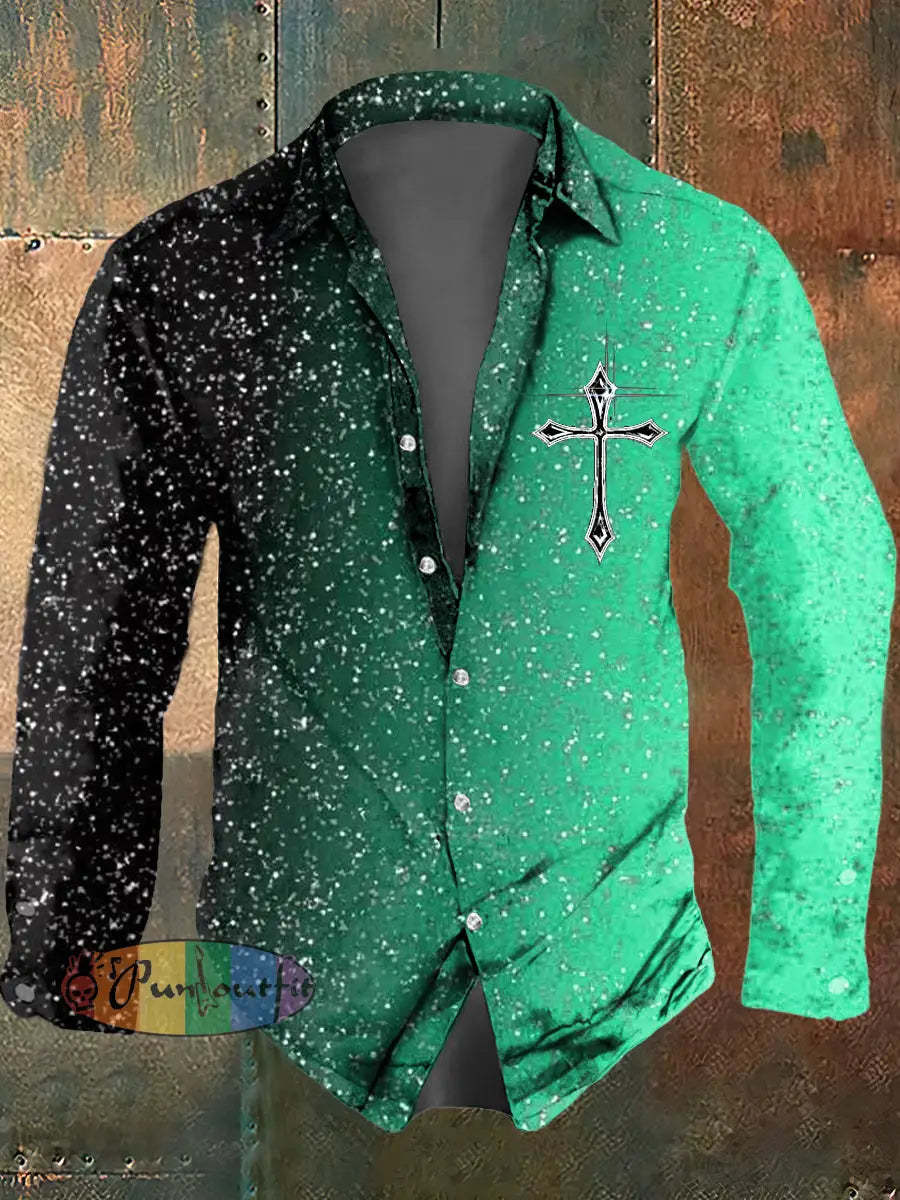 Men’s Psychedelic Cross Print Casual Long Sleeved Shirt Grass Green / S