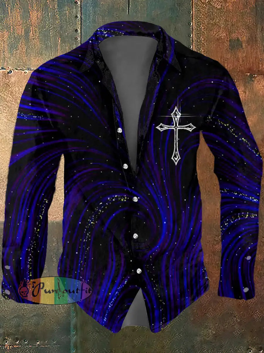 Men’s Psychedelic Cross Print Casual Long Sleeved Shirt Navy Blue / S