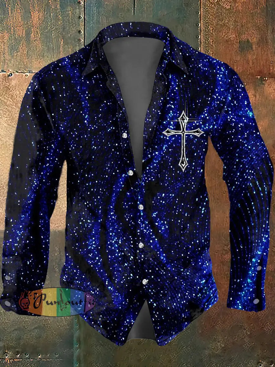 Men’s Psychedelic Cross Print Casual Long Sleeved Shirt Navy Blue / S