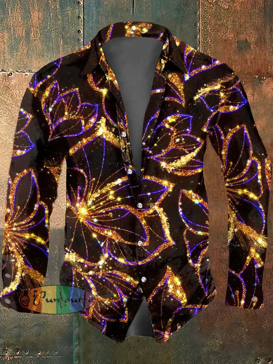 Men’s Psychedelic Print Casual Long Sleeved Shirt Brown / S
