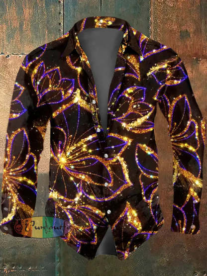 Men’s Psychedelic Print Casual Long Sleeved Shirt Brown / S